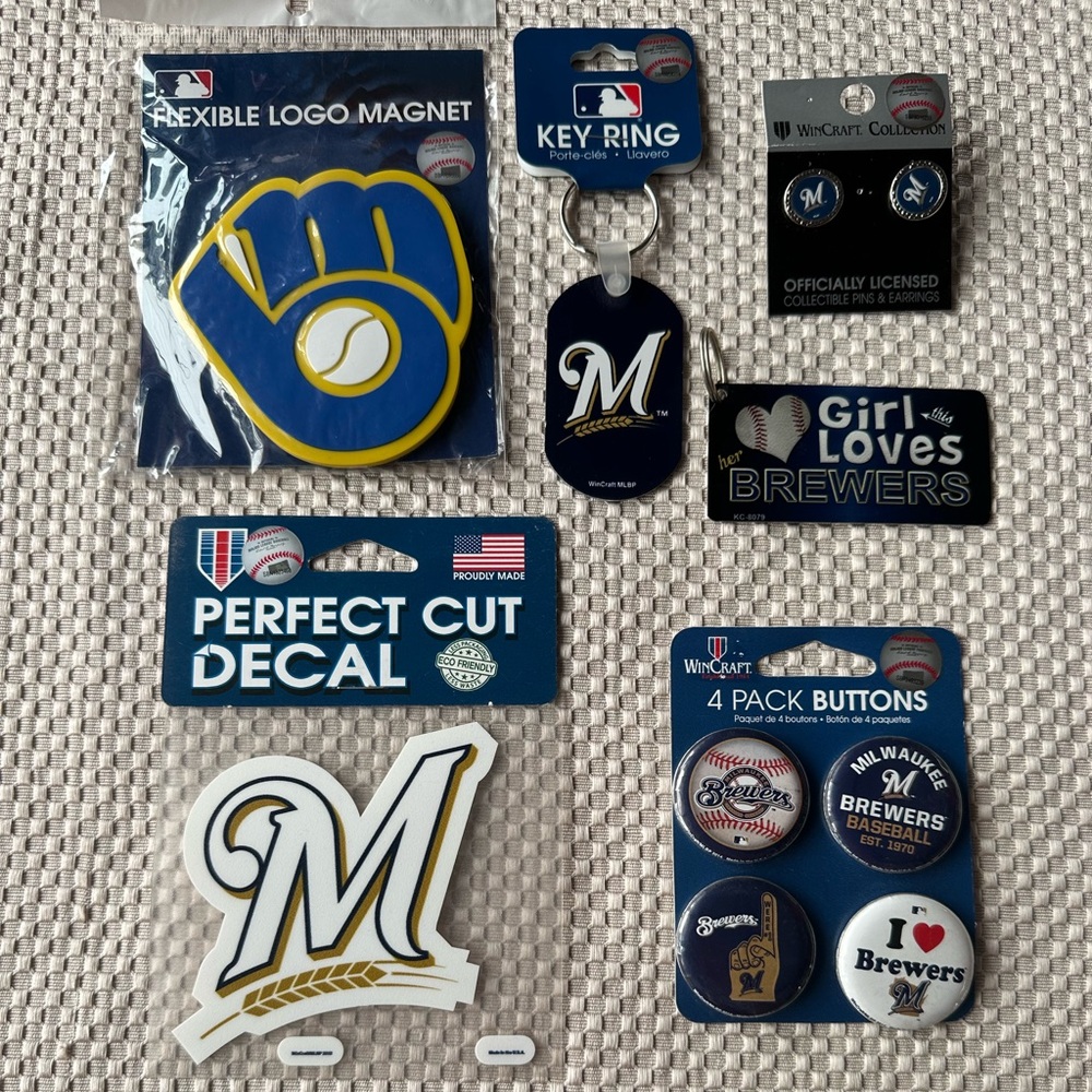 Milwaukee Brewers MLB Bundle- decal, 2 key chains, earrings, magnet, fan buttons